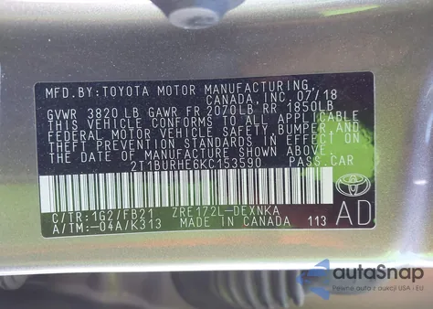 2019 Toyota Corolla Le z USA, uszkodzony, nr VIN 2T1BURHE6KC153590